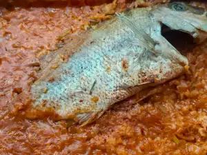 Riba crveni zubatac sa pirinčem i paradajzom iz rerne