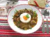 Jagnjeći kebap s lukom i dve vrste pečuraka