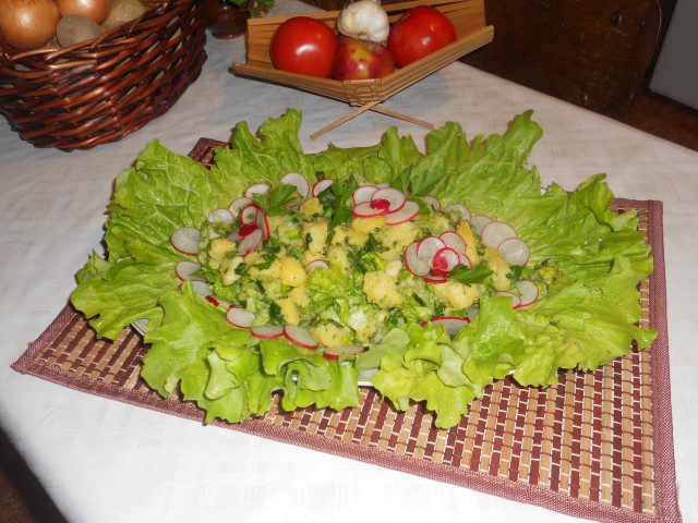Salata od krompira, zelene salate, rotkvica i mladog luka
